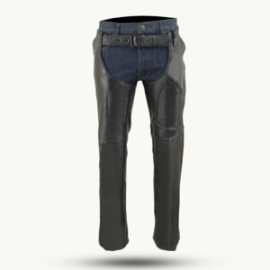 Men's Black 3-Front Pocket Leather Motorcycle Rider Chaps